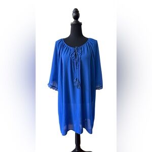 Soteer Blue Lace-Trimmed Boho V Neck Dress Coverup with Tassel Ties